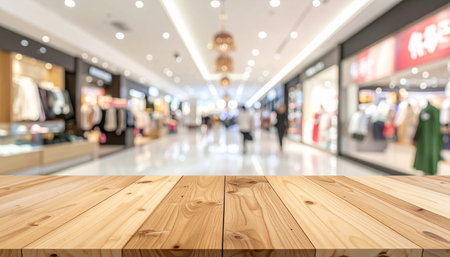 Empty wooden table and blur shopping mall background, product display montageの素材
