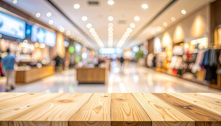 Empty wooden table and blurred background of shopping mall, product display montageの素材