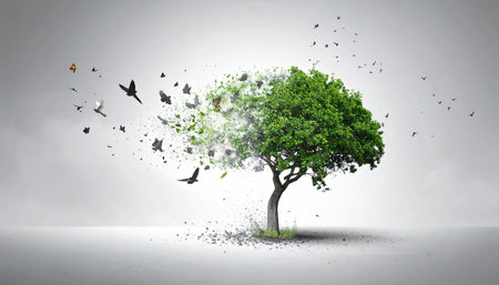 Conceptual image with green tree and flying birds on grey backgroundの素材