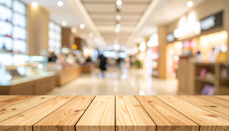 Empty wood table and blurred image of shopping mall or department store for background usage.の素材
