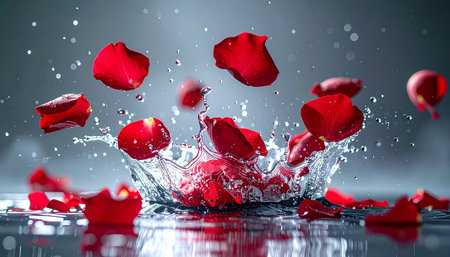 Red rose petals fall into water with splashes and drops.の素材