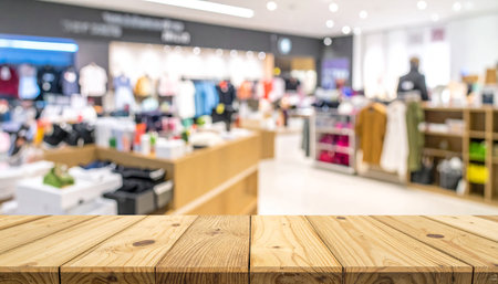 Wooden table top on blur shopping mall background, product display montageの素材