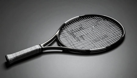 Tennis racket on a gray background. Black and white image.の素材