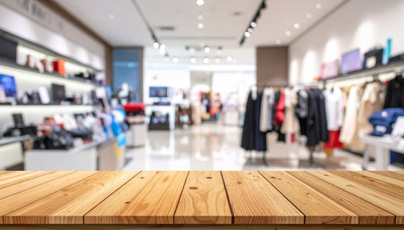 Wood table top on blur shopping mall background, product display montageの素材