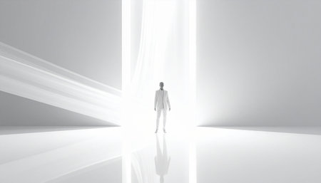 Businessman in front of a white wall with light coming out of itの素材