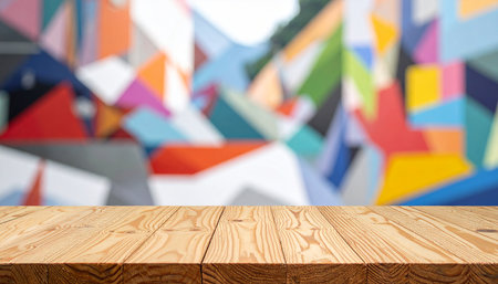 Wooden table top on abstract colorful background. Ready for product display montageの素材