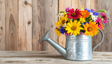 bouquet of wildflowers in watering can on wooden backgroundの素材