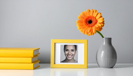 Orange gerbera in photo frame with books and vase.の素材