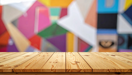 Empty wooden table over abstract colorful background, can be used for display or montage your productsの素材