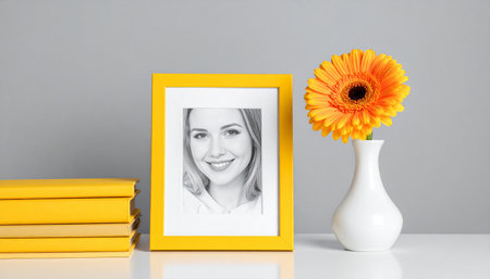 Yellow photo frames with gerbera in vase on grey backgroundの素材