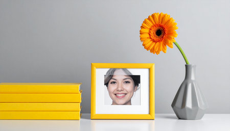 photo frame with gerbera flower in vase and books on tableの素材