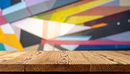Empty wooden table for product placement or montage with colorful background.の素材