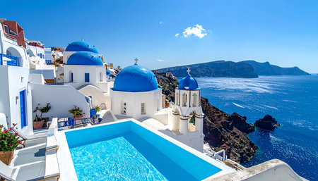 Santorini, Greece. Blue domed church on Santorini islandの素材