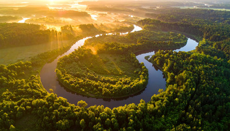 Aerial view of the river and forest at sunset. Beautiful summer landscapeの素材