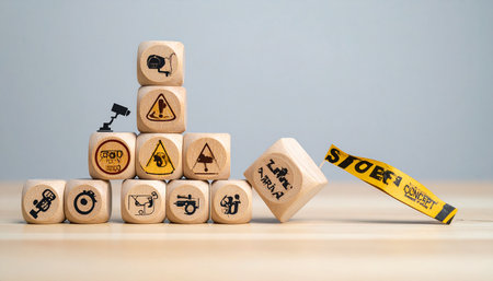 Cubes with warning symbols on wooden background. Risk management concept.の素材