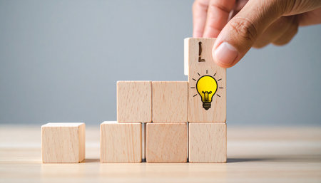 Businessman hand arranging wood block stacking as step stair and light bulb icon on top, business idea and innovation conceptの素材