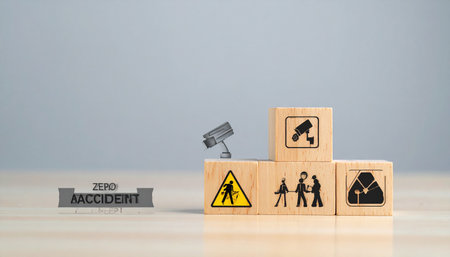 Cctv camera and safety icon on wood block. Security conceptの素材