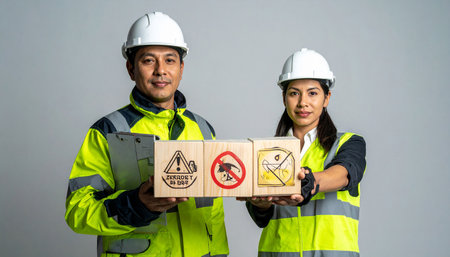 Asian man and woman construction workers holding wooden box with warning sign.の素材