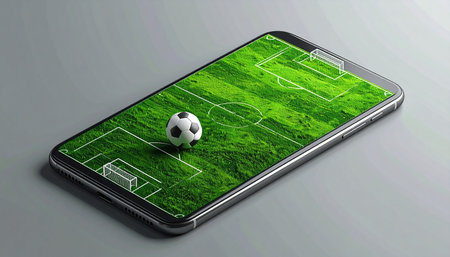 Smartphone with soccer field on the screen. 3D rendering.の素材