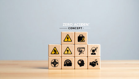 Cubes with warning symbols on wooden table. Safety and security conceptの素材