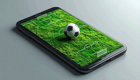 Smartphone with soccer ball on the grass. 3D illustration.の素材