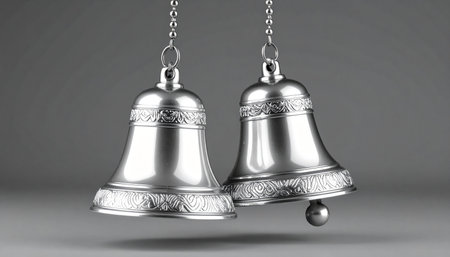 3d render of silver christmas bells on a gray background.の素材