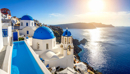Blue domed church in Oia village on Santorini island, Greeceの素材