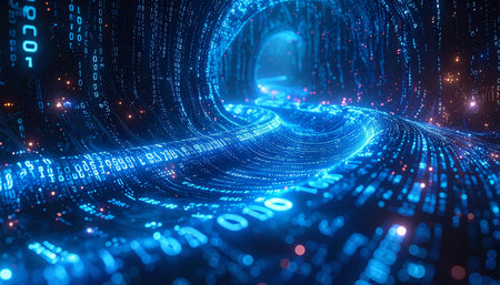 3d rendering of abstract digital data flow with binary code on dark backgroundの素材