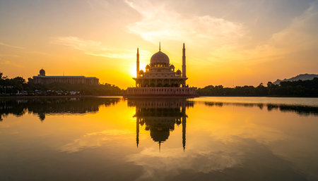 The Putra Mosque at sunset, Putrajaya, Malaysiaの素材