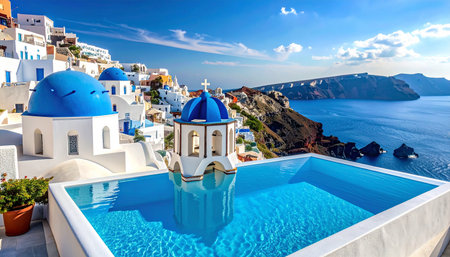 Santorini, Greece. Picturesque view of traditional cycladic Santorini houses with blue domes and sea view.の素材