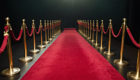 Red carpet and golden stanchions on stage. 3D renderingの素材