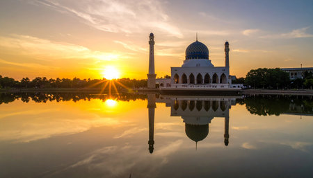 Putra Mosque in Putrajaya, Malaysia during sunset.の素材
