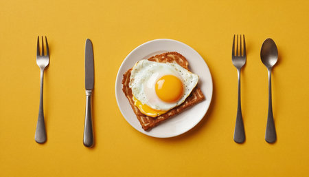 Breakfast with waffles, fried egg and cutlery on yellow backgroundの素材