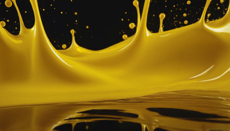 Yellow paint splash isolated on black background. 3d render illustration.の素材