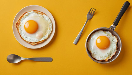Fried eggs in a frying pan on a yellow background, top viewの素材