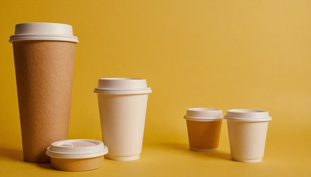 Disposable paper coffee cups on yellow background with copy space.の素材