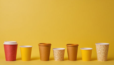 Disposable paper cups on yellow background. Zero waste concept.の素材