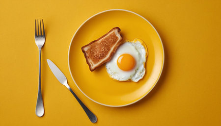 Breakfast with fried egg and toast on yellow background, top viewの素材