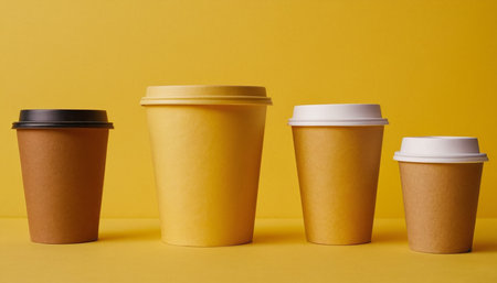 Three paper coffee cups on yellow background. Coffee to go concept.の素材