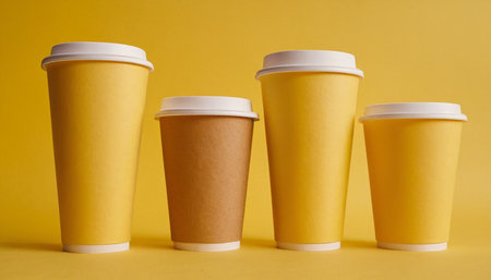Three paper cups of coffee on a yellow background. Close-up.の素材