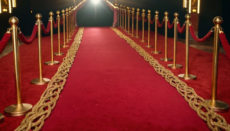 Red carpet with gold rope barrier. Luxury red carpet with gold rope.の素材