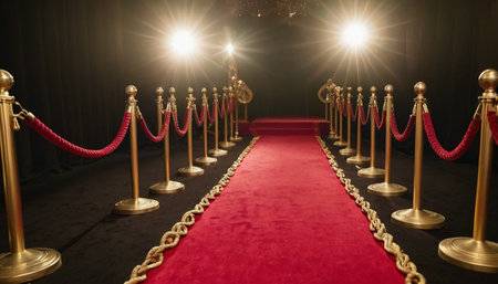 Red carpet with golden stanchions at the entrance to the theaterの素材