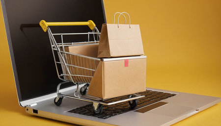 Shopping cart with parcel boxes on laptop. Online shopping concept.の素材