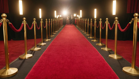 Red carpet with red carpet at the entrance of the theater, 3D renderingの素材