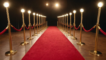 Red carpet on the floor, illuminated by lamps. 3D renderingの素材