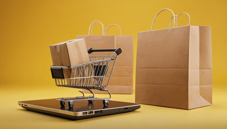 Shopping cart with paper bags on yellow background. Online shopping conceptの素材
