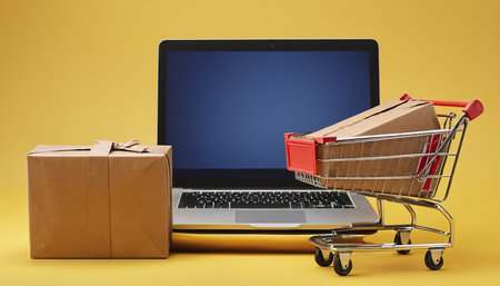Laptop with shopping cart and boxes on yellow background. Online shopping conceptの素材