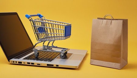 Laptop with shopping cart and paper bag on yellow background. Online shopping conceptの素材