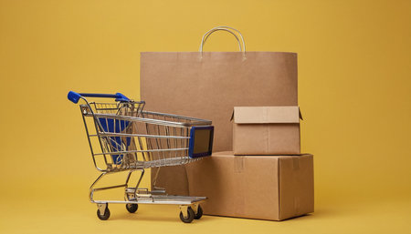 Shopping cart and boxes on yellow background. Online shopping concept.の素材