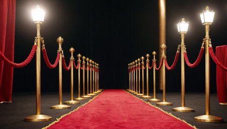 Red carpet and golden stanchions on black background, 3D renderingの素材